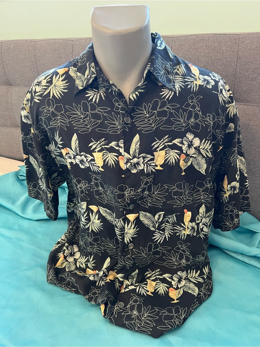 Men's Black Tropical Button-Down Shirt with Cocktail Print